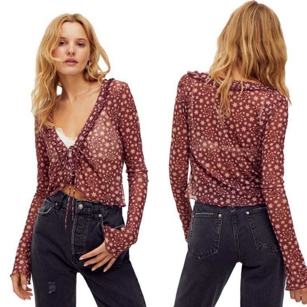 NWOT Free People Marne Tie Cropped Top in Sanguine Small Ruffle Long Sleeve Mesh